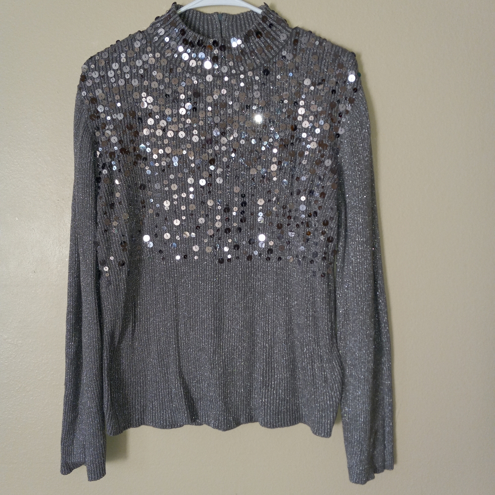 LAUREN MICHELLE Silver-Grey, Shimmery Metallic, Silver-Sequin Sweater Women's L